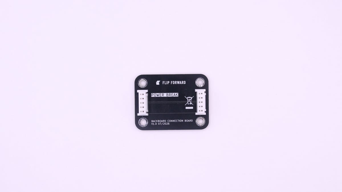 The same connection board, silkscreened POWER BREAK, with the power trace between the two connectors interrupted.
